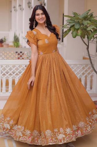 Yellow silver crunchy beads embroidered work designer gown