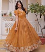 Yellow silver crunchy beads embroidered work designer gown