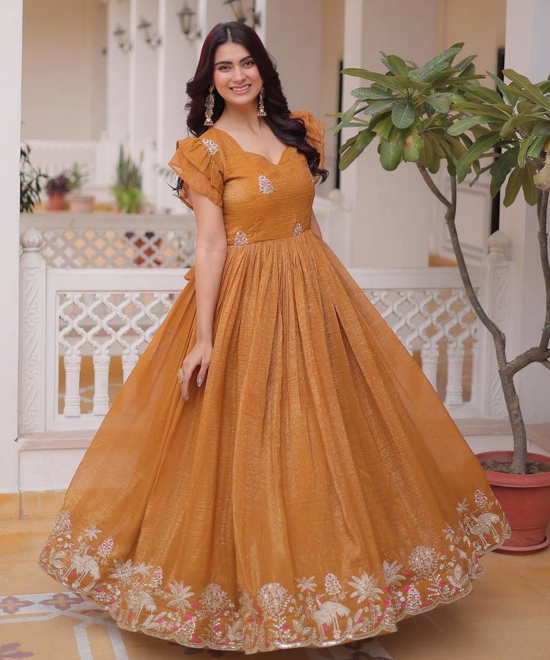 Yellow silver crunchy beads embroidered work designer gown