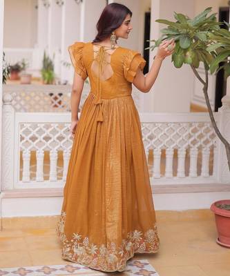 Yellow silver crunchy beads embroidered work designer gown 2