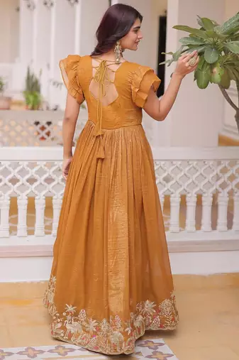 Yellow silver crunchy beads embroidered work designer gown