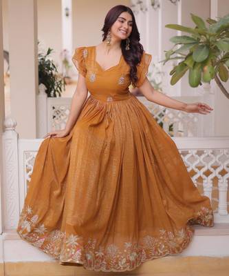 Yellow silver crunchy beads embroidered work designer gown 3
