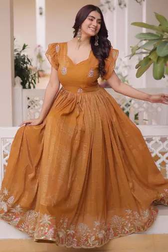 Yellow silver crunchy beads embroidered work designer gown