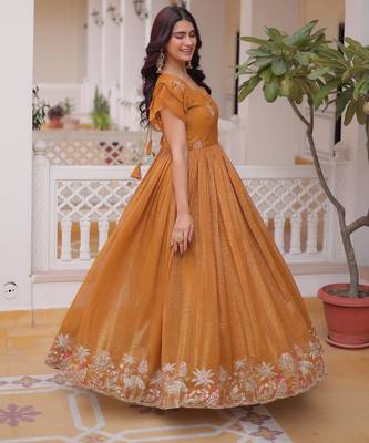 Yellow silver crunchy beads embroidered work designer gown 4