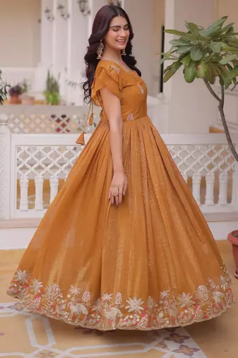Yellow silver crunchy beads embroidered work designer gown