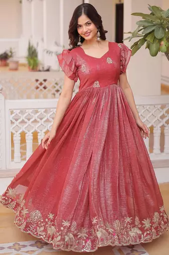 Rust silver crunchy beads embroidered work designer gown