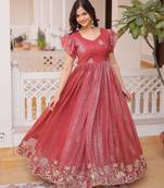 Rust silver crunchy beads embroidered work designer gown