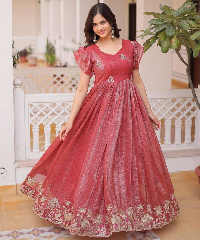 Rust silver crunchy beads embroidered work designer gown