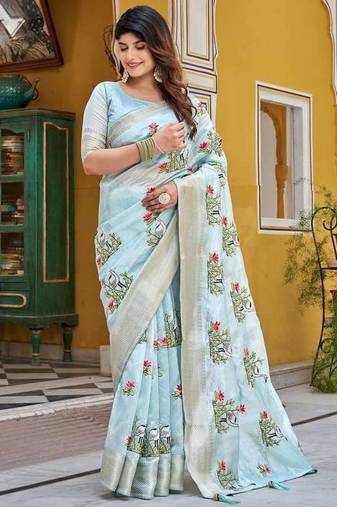 Sky blue color kota crishtal thread embroidered jacquard  border saree
