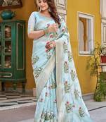 sky blue silk blend saree with jacquard & thread work