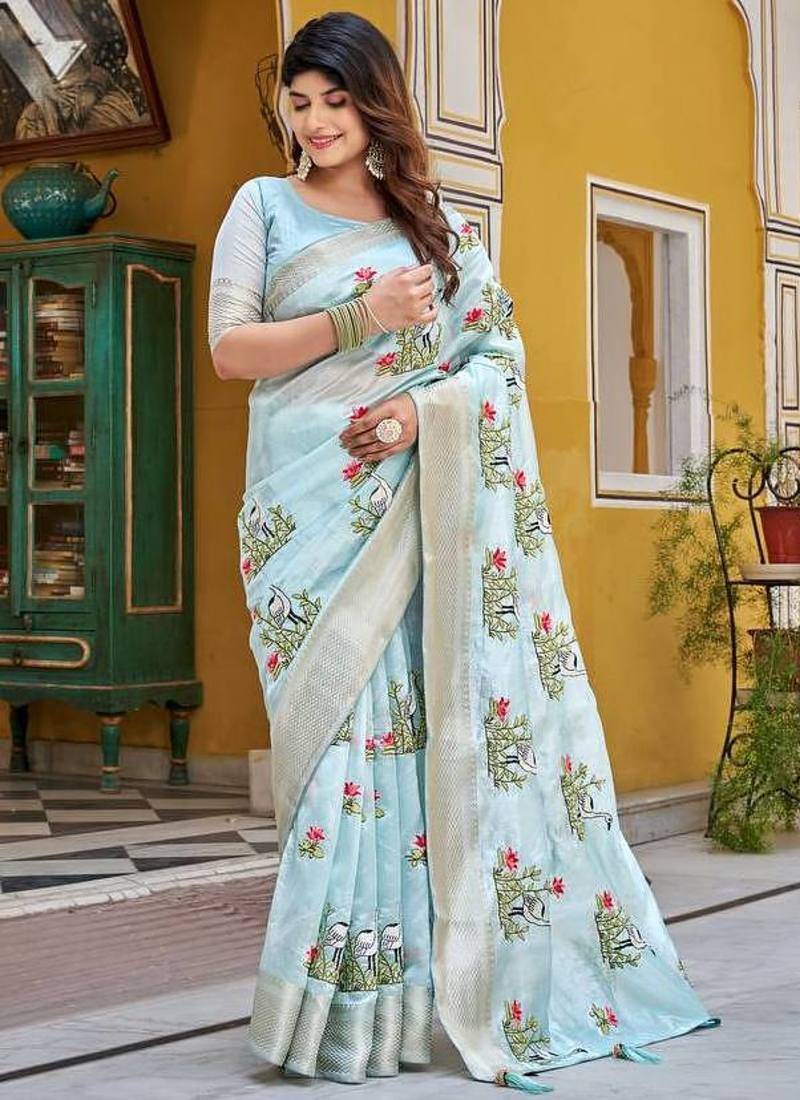 Sky blue color kota crishtal thread embroidered jacquard  border saree