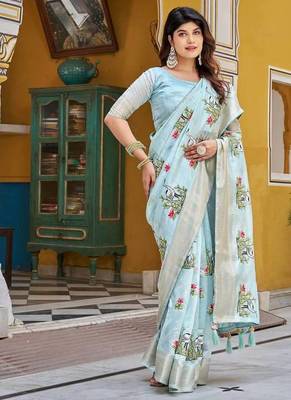sky blue silk blend saree with jacquard & thread work 2