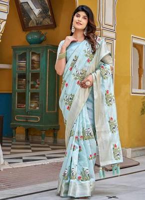 sky blue silk blend saree with jacquard & thread work 3