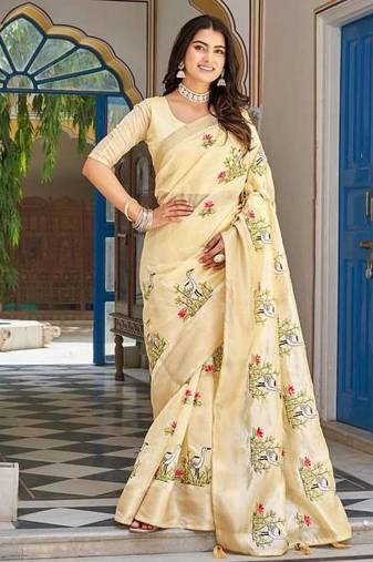 Yellow color kota crishtal thread embroidered jacquard  border saree