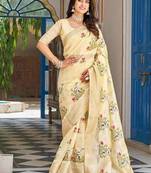 yellow silk blend saree with thread embroidered jacquard border