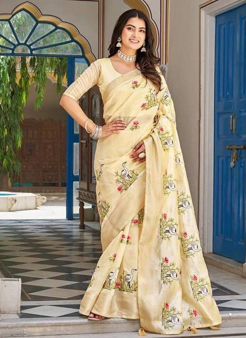 Yellow color kota crishtal thread embroidered jacquard  border saree
