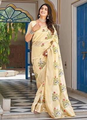 yellow silk blend saree with thread embroidered jacquard border 2