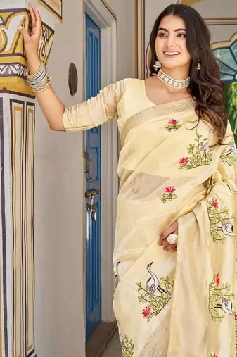 yellow silk blend saree with thread embroidered jacquard border