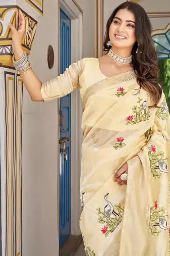 yellow silk blend saree with thread embroidered jacquard border
