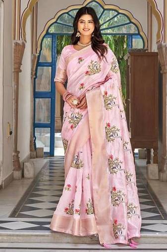 Pink color kota crishtal thread embroidered jacquard  border saree