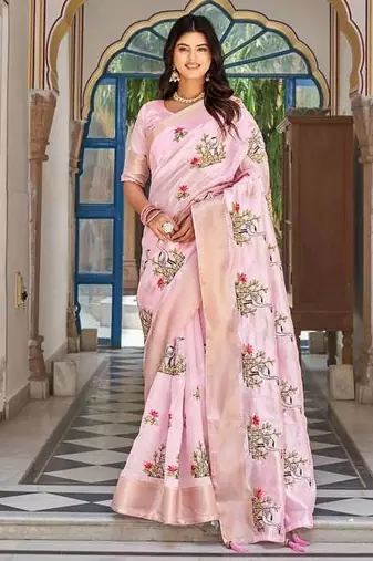 Pink color kota crishtal thread embroidered jacquard  border saree