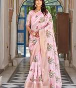pink silk blend saree with thread embroidered jacquard border