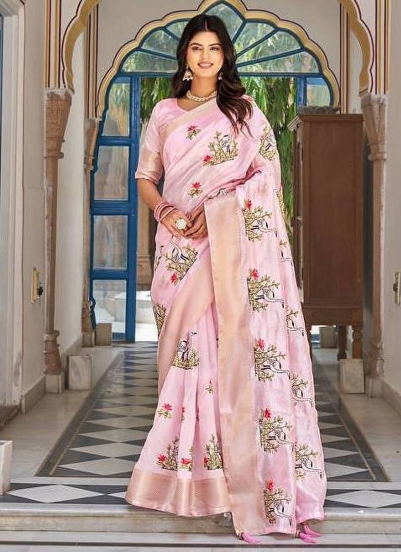 Pink color kota crishtal thread embroidered jacquard  border saree