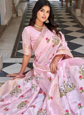 pink silk blend saree with thread embroidered jacquard border 3