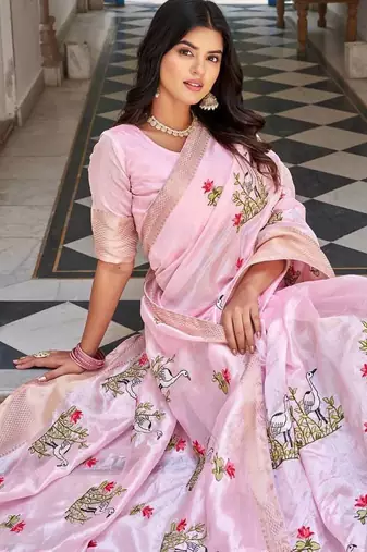 pink silk blend saree with thread embroidered jacquard border