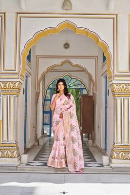 pink silk blend saree with thread embroidered jacquard border 4