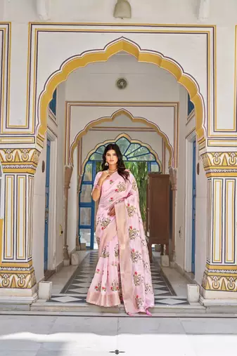 pink silk blend saree with thread embroidered jacquard border