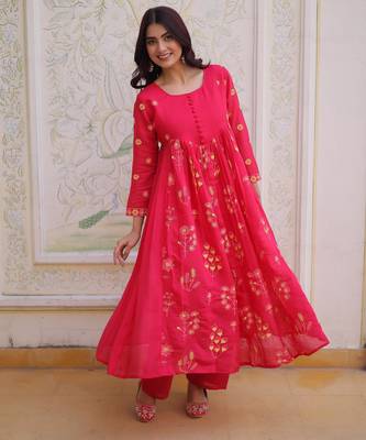 Pink mal chanderi beads embroidered work kurta sets 1