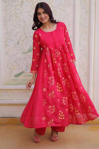 Pink mal chanderi beads embroidered work kurta sets