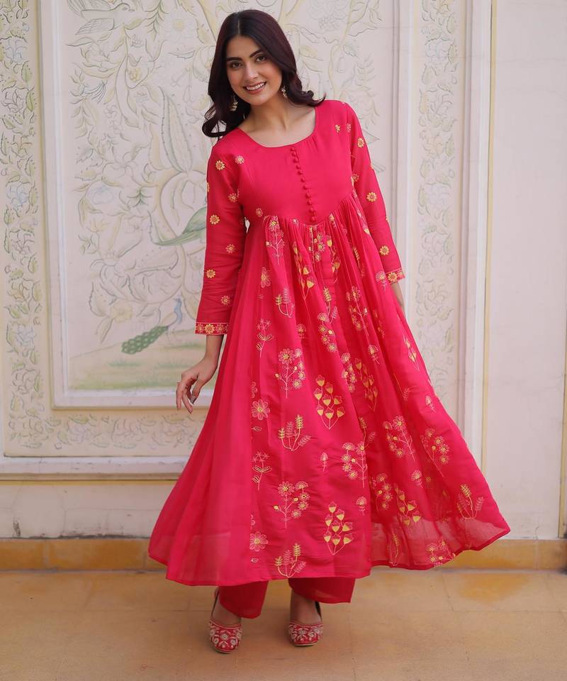 Pink mal chanderi beads embroidered work kurta sets