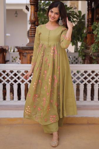 Pista mal chanderi beads embroidered work kurta sets