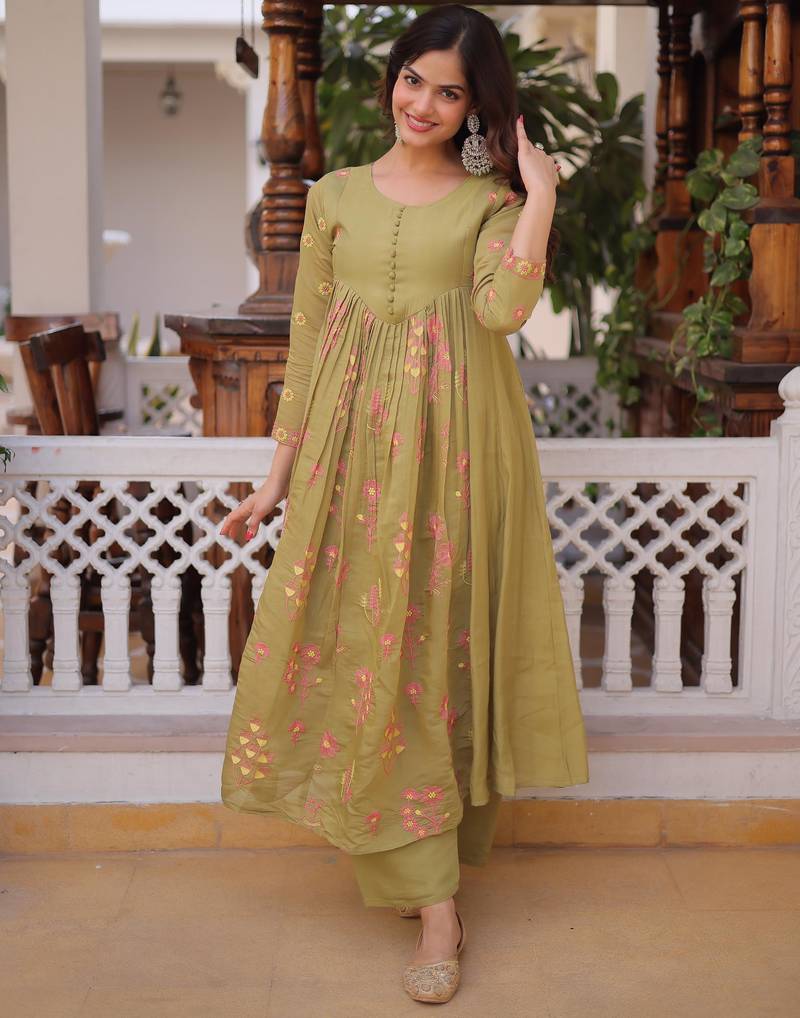 Pista mal chanderi beads embroidered work kurta sets