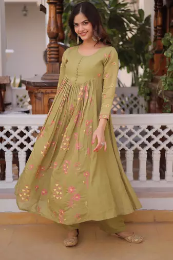 Pista mal chanderi beads embroidered work kurta sets
