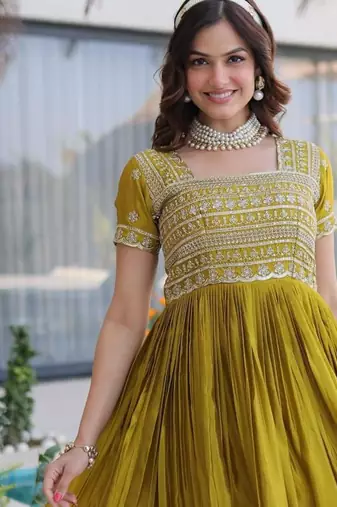 Mehendi silk sequins & zari beads embroidered work designer gown