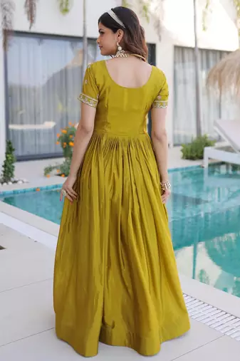 Mehendi silk sequins & zari beads embroidered work designer gown
