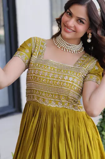 Mehendi silk sequins & zari beads embroidered work designer gown