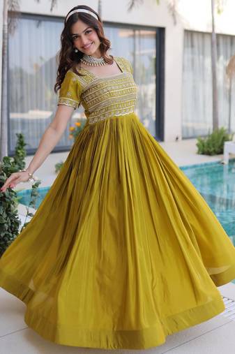 Mehendi silk sequins & zari beads embroidered work designer gown