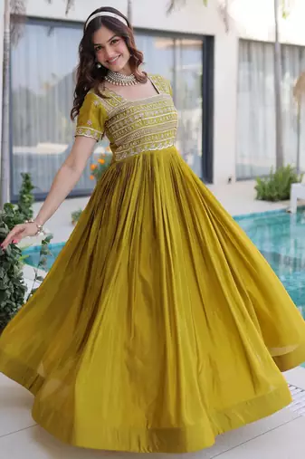 Mehendi silk sequins & zari beads embroidered work designer gown