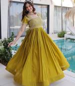 Mehendi silk sequins & zari beads embroidered work designer gown