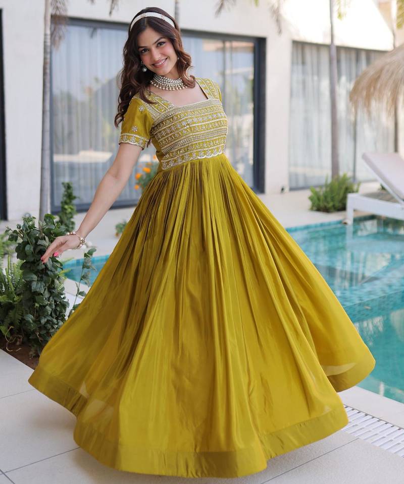 Mehendi silk sequins & zari beads embroidered work designer gown