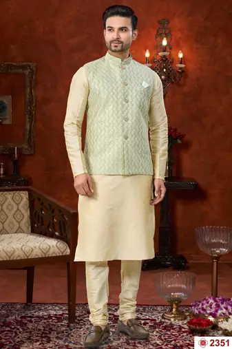 Fawn full computer amrodery modi jacket kurta pajama set with thred work & fancy botton
