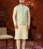 Fawn full computer amrodery modi jacket kurta pajama set with thred work & fancy botton