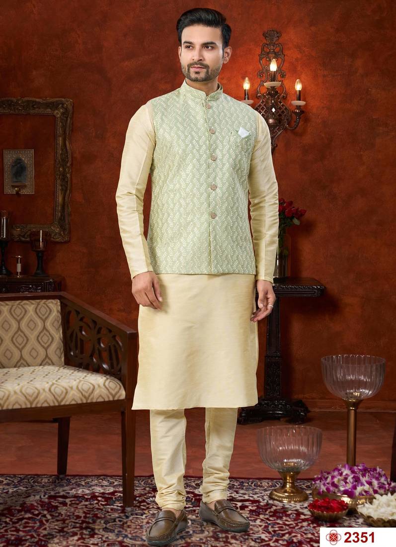 Fawn full computer amrodery modi jacket kurta pajama set with thred work & fancy botton