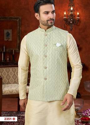 fawn dupion silk modi jacket kurta pajama with thread work 2