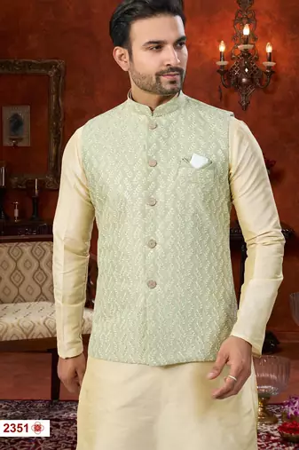 fawn dupion silk modi jacket kurta pajama with thread work