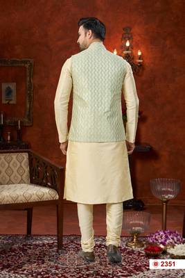 fawn dupion silk modi jacket kurta pajama with thread work 3